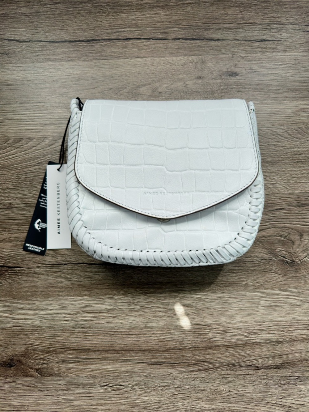 Aimee Kestenberg White Croc-Embossed Woven-Trim Saddle Crossbody